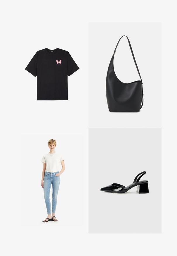T-shirt de algodão preto com mangas curtas, apresentando um pequeno gráfico de borboleta rosa no lado esquerdo do peito. Design de gola redonda com um corte solto.; Jeans skinny de cor azul clara com cintura alta, feitos de denim, combinados com uma t-shirt de algodão de cor creme e sandálias pretas com tiras.; Sandy em verniz preto com salto slingback, ponta afilada e salto geométrico. Apresenta um design elegante e minimalista com textura suave.; Saco hobo preto em pele com uma textura lisa, forma curva e uma única alça ajustável; apresenta uma abertura larga na parte de cima.