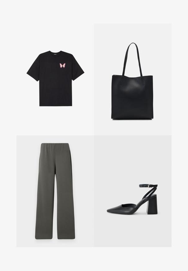 Black cotton t-shirt with short sleeves, featuring a small pink butterfly graphic on the left chest. Crew neck design with a relaxed fit.; Dark gray high-waist wide-leg trousers with elastic waistband, laid flat against a white background.; Black leather pointy-toe pump with an ankle strap and a chunky heel. Flat texture, sleek design, and minimalistic aesthetics.; Black leather tote bag with smooth texture, rectangular shape, and two long handles. No visible hardware or embellishments.