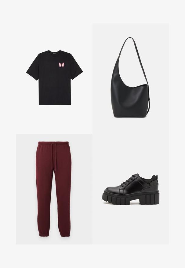 Black cotton t-shirt with short sleeves, featuring a small pink butterfly graphic on the left chest. Crew neck design with a relaxed fit.; Burgundy jogger pants with elastic waistband, drawstring, side pockets, and elastic cuffs against a plain white background.; Black leather platform shoes with a chunky block heel, round toe, and traditional lace-up design. Features smooth texture and minimal detailing.; Black leather hobo bag with a smooth texture, curved shape, and single adjustable strap; features a wide opening at the top.