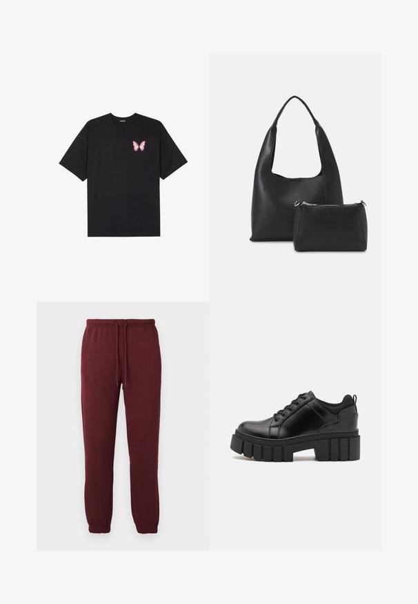 Juodas medvilnės marškinėliai trumpomis rankovėmis, su maža rožine drugelio grafika kairėje krūtinės pusėje. Apvalus kaklo iškirpimas, laisvas kirpimas.; Burgundiški sportiniai džinsai su elastinga juosmens juosta, raišteliu, šoninėmis kišenėmis ir elastingais rankogaliais ant paprasto balto fono.; Juodi odiniai platformos batai su masyviu blokuota kulniuku, apvalia nosimi ir tradiciniu šnypštimo dizainu. Turintys glotnų paviršių ir minimalų dekoravimą.; Even&Odd Rankinė - black