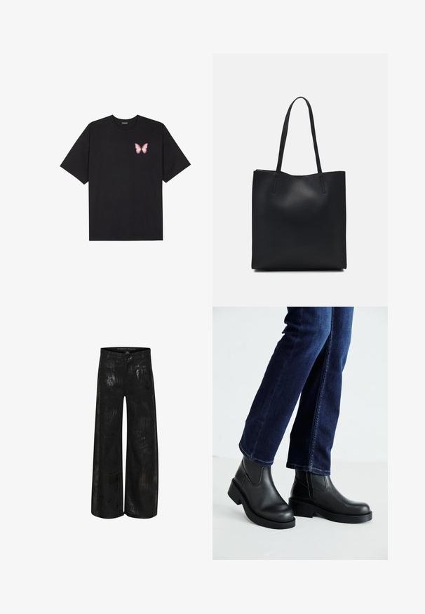 Juodas medvilnės marškinėliai trumpomis rankovėmis, su maža rožine drugelio grafika kairėje krūtinės pusėje. Apvalus kaklo iškirpimas, laisvas kirpimas.; Plataus džinsų juodas kelnes su tekstūrine rašte, aukštu liemeniu, sagčių uždarymu ir minimaliu aparatūru. Pagamintos iš minkštos medžiagos su nedideliu blizgesiu.; Juoda odinė kulkšninių botų su storu padu ir šoninėmis elastinėmis detalėmis, derinama su tamsiai mėlynomis džinsais. Žemė šviesios spalvos.; Juodas odinis tote krepšys su lygia tekstūra, stačiakampio formos ir dviem ilgais rankenomis. Matomų metalinių detalių ar puošybos nėra.