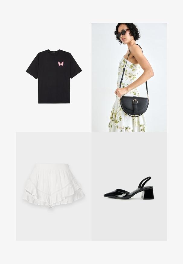 Black cotton t-shirt with short sleeves, featuring a small pink butterfly graphic on the left chest. Crew neck design with a relaxed fit.; White skirt with layered ruffles, made of lightweight fabric. Features decorative stitching along the seams and a fitted waistband.; Black patent leather slingback heels with a pointed toe and a geometric block heel. Features a sleek, minimal design and smooth texture.; Black leather handbag with a curved shape, detachable strap, and gold hardware. The bag features a flap with a buckle detail.