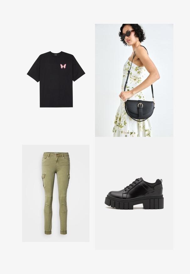 Juodas medvilnės marškinėliai trumpomis rankovėmis, su maža rožine drugelio grafika kairėje krūtinės pusėje. Apvalus kaklo iškirpimas, laisvas kirpimas.; Olivinės žalios spalvos cargo kelnės su prigludusia forma, su šoninėmis kišenėmis, raukšlėmis ant kelių ir elastiniais užsegimais ant kulkšnų.; Juodi odiniai platformos batai su masyviu blokuota kulniuku, apvalia nosimi ir tradiciniu šnypštimo dizainu. Turintys glotnų paviršių ir minimalų dekoravimą.; Juodas odinis krepšys su išlenkta forma, nuimamu dirželiu ir auksiniais detalėmis. Krepšys turi kilpą su sagtimi.