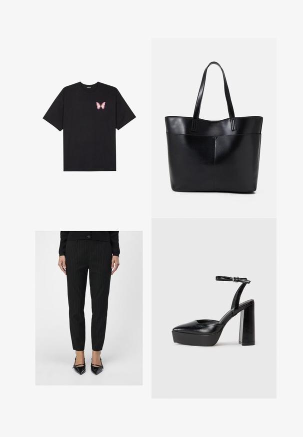 Sort bomulds T-shirt med korte ærmer, prydet med en lille pink sommerfugl grafik på venstre bryst. Rund hals design med en afslappet pasform.; Sorte stribede bukser har en skræddersyet pasform med en glat tekstur. Sæt sammen med skinnende sorte spidse hæle, der viser slanke linjer.; Sorte platformhæle med spidse tæer og justerbar ankelrem. Construeret i glat læder, med en kraftig blokhæl.; Sort læder tote taske med to lange håndtag, en glat tekstur og en struktureret form. Har en forlommem for ekstra opbevaring.