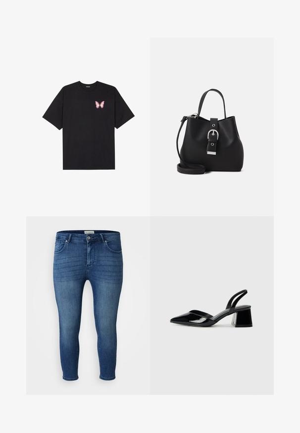 Fekete pamut póló rövid ujjakkal, bal mellkason egy kis rózsaszín pillangó grafikával. Kerek nyakú kialakítás, laza fazonnal.; Kék farmer nadrág slim fit szabással, közepes derékkal, öt zsebes dizájnnal és sötét mosással. Finom kopás és vállal varrás jellemzi.; Fekete lakk bőr szandálkés magas sarkú cipő, hegyes orral és geometrikus tömbsarkakkal. Karcsú, minimalista dizájn és sima textúra jellemzi.; Fekete, sima bőrből készült vödör táska, amely strukturált formával, rövid fogantyúval és levehető vállpánttal rendelkezik. Ezüst csat részlet.