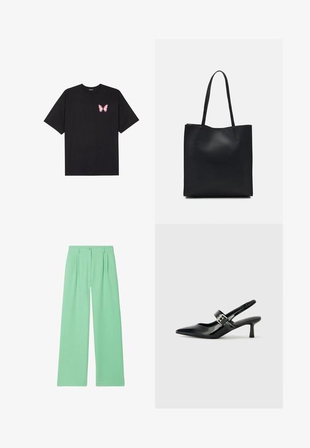 Zwarte katoenen t-shirt met korte mouwen, voorzien van een kleine roze vlinder graphic op de linkerkant van de borst. Crew neck ontwerp met een relaxte fit.; Mintgroene wijde broek met een geplooid ontwerp en een knoopsluiting in de taille. Gladde textuur met een ontspannen silhouet.; Zwarte gepatineerde leren slingback hakken met een puntige neus en een kleine blokhak, met een zilveren gespaccent op de band.; Zwarte leren handtas met een gladde textuur, rechthoekige vorm en twee lange handvaten. Geen zichtbare hardware of versieringen.
