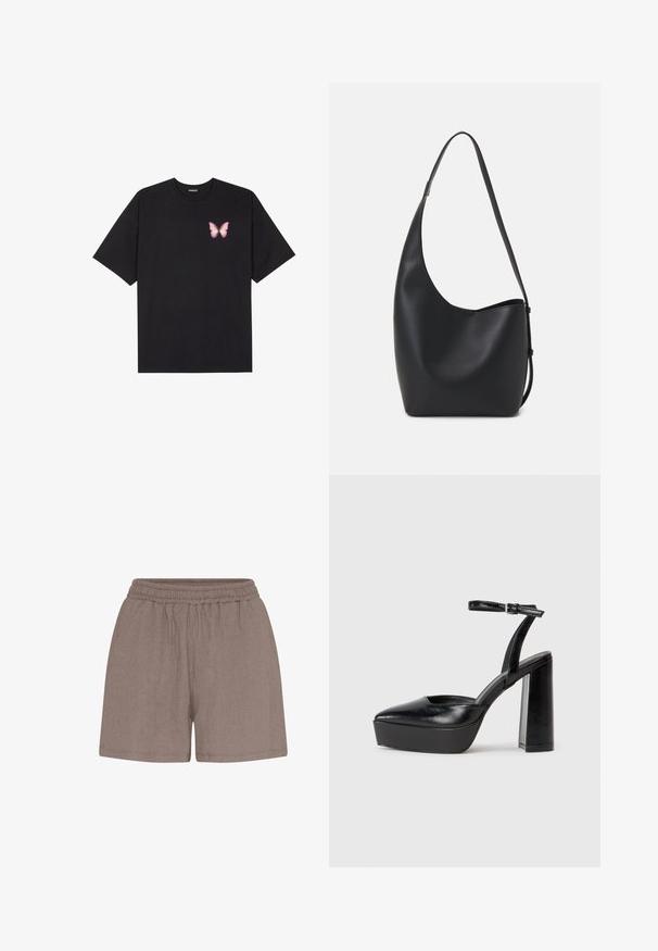 Schwarzes Baumwoll-T-Shirt mit kurzen Ärmeln, das ein kleines pinkes Schmetterlingsmotiv auf der linken Brust zeigt. Crewneck-Design mit einem entspannten Schnitt.; Braune, strukturierte Shorts mit einem elastischen Bund. Sie verfügen über eine lockere Passform und eine schlichte Konstruktion, die sich gut für Freizeitbekleidung eignet.; Schwarze Plateau-High Heels mit spitzem Zeh und verstellbarem Knöchelriemen. Gefertigt aus glattem Leder und mit einem klobigen Blockabsatz.; Schwarze Leder-Hobo-Tasche mit einer glatten Textur, geschwungener Form und einem einzelnen verstellbaren Tragegurt; verfügt über eine weite Öffnung am oberen Ende.