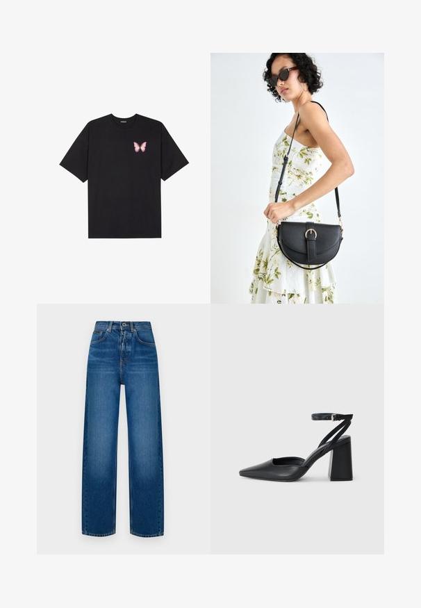 Svart bomullströja med korta ärmar, med en liten rosa fjärilsgrafik på vänster bröst. Rundad halsdesign med en avslappnad passform.; Breda denimjeans i blek blå. Har en knapp-fly stängning, klassisk femfickdesign och en mjuk, texturerad yta.; Svart läderpumps med spetsig tå, ankelrem och kraftig klack. Slät textur, stilren design och minimalistisk estetik.; Svart läderhandväska med en böjd form, avtagbar rem och guldiga detaljer. Väskan har ett lock med en spänndetalj.