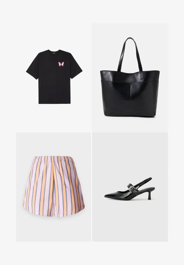 Black cotton t-shirt with short sleeves, featuring a small pink butterfly graphic on the left chest. Crew neck design with a relaxed fit.; Striped shorts featuring pink, orange, and blue vertical stripes, with an elastic waistband and soft fabric texture.; Black patent leather slingback heels with a pointed toe and a small block heel, featuring a silver buckle accent on the strap.; Black leather tote bag with two long handles, a smooth texture, and a structured shape. Features a front pocket for additional storage.