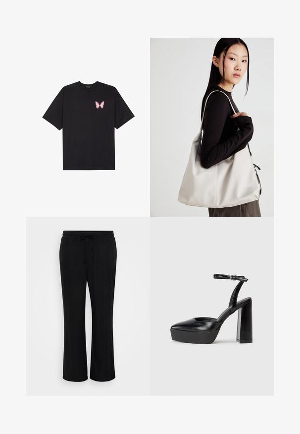 Zwarte katoenen t-shirt met korte mouwen, voorzien van een kleine roze vlinder graphic op de linkerkant van de borst. Crew neck ontwerp met een relaxte fit.; Zwarte casual broek van zachte stof, met een elastische tailleband met een koord en wijde pijpen. Geen zichtbare patronen.; Zwarte plateauhakken met een puntige neus en verstelbare enkelband. Gemaakt van soepel leer, met een robuuste blokhak.; Beige handtas gemaakt van zacht materiaal, met een slonzig ontwerp, gestikte details en twee schouderbanden. Geschikt voor dagelijks gebruik.