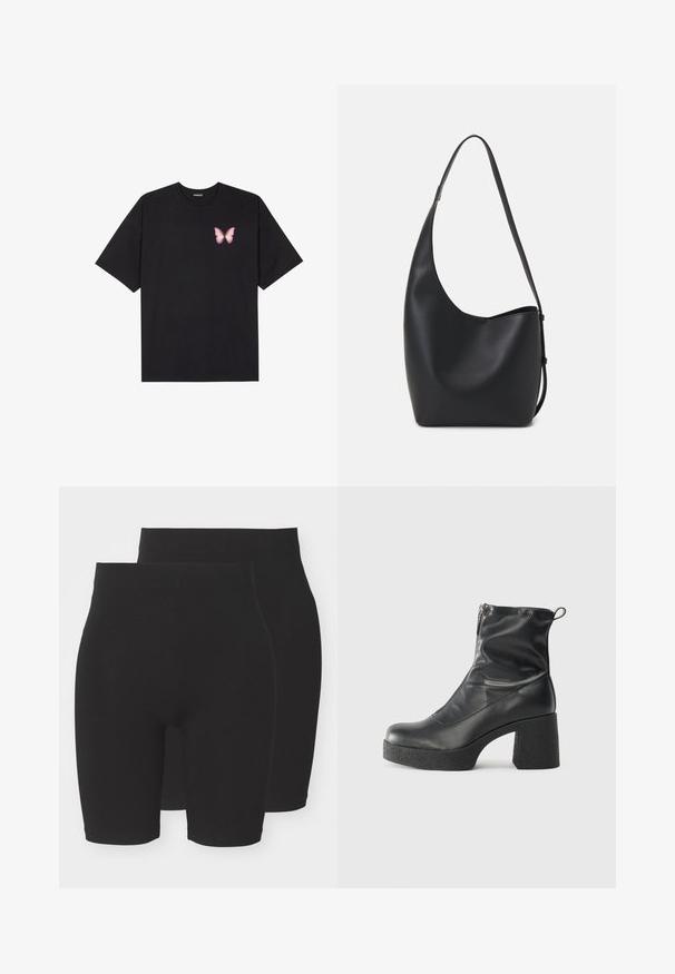T-shirt de algodão preto com mangas curtas, apresentando um pequeno gráfico de borboleta rosa no lado esquerdo do peito. Design de gola redonda com um corte solto.; Bermudas pretas elásticas com um design sólido, apresentando uma cintura de altura média e uma textura suave e macia. Disponíveis em um pacote com duas unidades.; Botas de tornozelo pretas feitas de couro liso, com fecho lateral, salto grosso texturizado e design de bico arredondado.; Saco hobo preto em pele com uma textura lisa, forma curva e uma única alça ajustável; apresenta uma abertura larga na parte de cima.