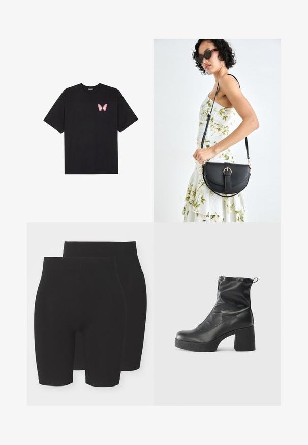 Fekete pamut póló rövid ujjakkal, bal mellkason egy kis rózsaszín pillangó grafikával. Kerek nyakú kialakítás, laza fazonnal.; Fekete, rugalmas anyagú rövidnadrág egyszínű kialakítással, középmagas derékkal és sima, puha textúrával. Két darabos csomagban kapható.; Fekete bokacsizmák sima bőrből, oldalsó cipzárral, vastag, texturált sarkú és lekerekített orrú dizájnnal.; Fekete bőrtáska ívelt formával, levehető pánttal és arany színű fémrészekkel. A táskán egy csattal díszített fedél található.