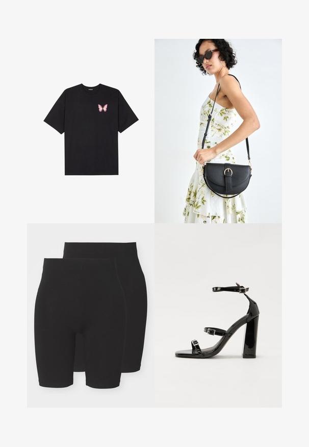 Must muströöpidega must puuvillane T-särk, vasakul rinnal on väike roosa liblikas. Ümar kaelus ja vabalt istuv lõige.; Mustad mustad lühikesed püksid, millel on ühtlane disain, keskmise kõrgusega vöökoht ja sile, pehme tekstuur. Pakendis on kaks tükki.; Mustad läikiva lakknahaga kõrge kontsaga sandaalid kahe pandlaga, kandilised varbad ja jäme plokk-kontsaosa, millel on sile ja läikiv tekstuur.; Mustmust mustraha kõverate joontega, eemaldatava rihmaga ja kuldsete detailidega. Kotil on klapp, millel on pandladetail.