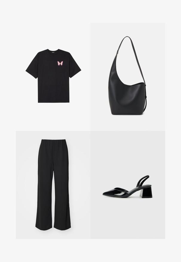 Black cotton t-shirt with short sleeves, featuring a small pink butterfly graphic on the left chest. Crew neck design with a relaxed fit.; Black wide-leg trousers with an elastic waistband, made from a smooth fabric, featuring a simple, unadorned design.; Black patent leather slingback heels with a pointed toe and a geometric block heel. Features a sleek, minimal design and smooth texture.; Black leather hobo bag with a smooth texture, curved shape, and single adjustable strap; features a wide opening at the top.