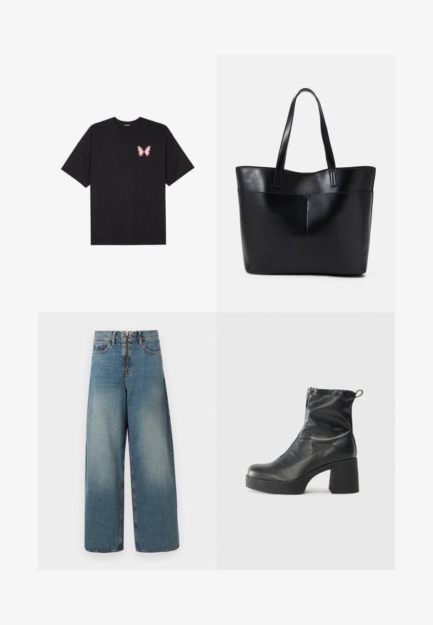 Černé bavlněné tričko s krátkým rukávem, na levém prsou s malou grafikou růžové motýlky. Design s kruhovým výstřihem a volným střihem.; Džínové kalhoty s širokými nohavicemi ve světlé modré barvě. Mají zip a zapínání na knoflík, a jemné blednutí pro opotřebovaný vzhled.; Černé kotníkové boty vyrobené z hladké kůže, s bočním zipem, robustním strukturovaným podpatkem a kulatou špičkou.; Černá kožená taška s dlouhými ušima, hladkým povrchem a strukturovaným tvarem. Obsahuje přední kapsu pro další úložný prostor.