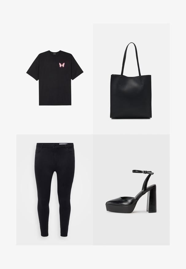 Black cotton t-shirt with short sleeves, featuring a small pink butterfly graphic on the left chest. Crew neck design with a relaxed fit.; Black slim-fit jeans made of stretchy denim, featuring a front button closure, belt loops, and five pockets with a smooth texture.; Black platform heels with a pointed toe and adjustable ankle strap. Constructed from smooth leather, featuring a chunky block heel.; Black leather tote bag with smooth texture, rectangular shape, and two long handles. No visible hardware or embellishments.
