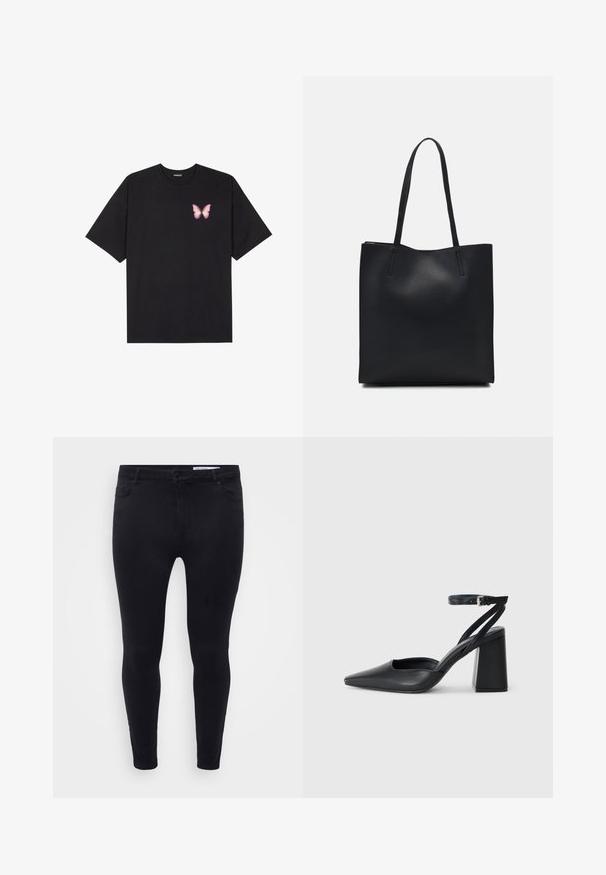 T-shirt nera in cotone con maniche corte, caratterizzata da una piccola grafica di una farfalla rosa sul lato sinistro del petto. Design a girocollo con una vestibilità rilassata.; Jeans neri slim-fit realizzati in denim elastico, dotati di chiusura frontale a bottone, passanti per cintura e cinque tasche con una texture liscia.; Pump in pelle nera con punta affusolata, cinturino alla caviglia e tacco spesso. Texture piatta, design elegante ed estetica minimalista.; Borsa tote in pelle nera con texture liscia, forma rettangolare e due manici lunghi. Nessun hardware o decorazione visibile.