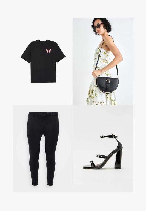 Melna kokvilnas T-krekls ar īsām piedurknēm, kuram priekšā kreisajā pusē ir neliels rozā tauriņa grafiskais attēls. Ar apaļu kaklu un brīvā stila piegriezumu.; Melni pieguļoši džinsi, izgatavoti no elastīga denima, ar priekšējo pogu aizdari, jostu cilpām un piecām kabatām ar gludu tekstūru.; Melnas lakotas augstpapēžu čības ar kvadrāta purngalu, potīšu siksniņām un sudraba sprādzēm. Aprīkotas ar masīvu bloku papēdi stabilitātei.; Melnas ādas rokassoma ar izliekta formu, noņemamu siksnu un zelta aksesuāriem. Somai ir vāciņš ar sprādzes detaļu.