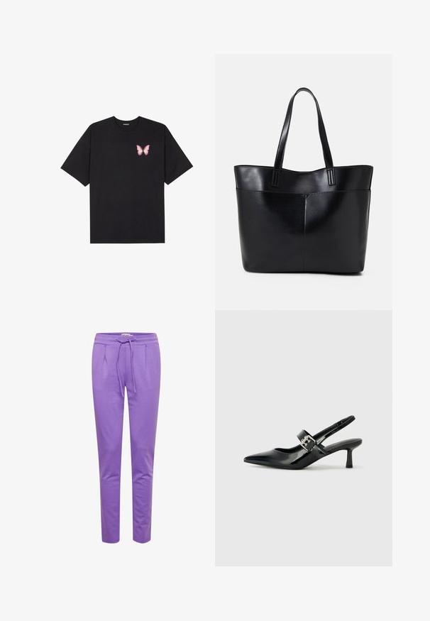 Black cotton t-shirt with short sleeves, featuring a small pink butterfly graphic on the left chest. Crew neck design with a relaxed fit.; ICHI IHKATE PA2 - Tracksuit bottoms - chive blossom; Black patent leather slingback heels with a pointed toe and a small block heel, featuring a silver buckle accent on the strap.; Black leather tote bag with two long handles, a smooth texture, and a structured shape. Features a front pocket for additional storage.