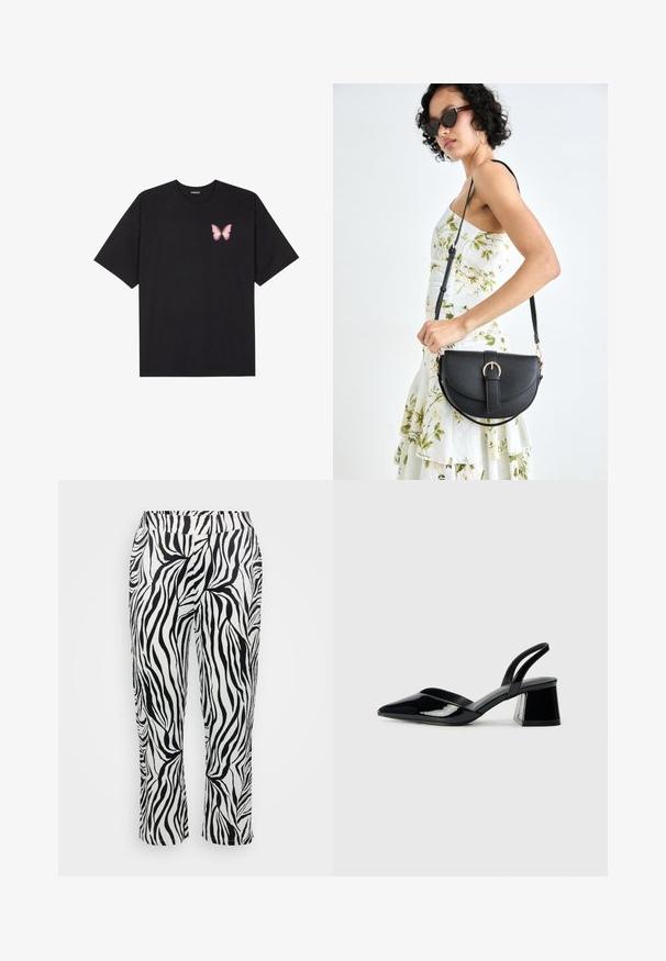 Juodas medvilnės marškinėliai trumpomis rankovėmis, su maža rožine drugelio grafika kairėje krūtinės pusėje. Apvalus kaklo iškirpimas, laisvas kirpimas.; Juodos ir baltos juostelės kelnės, pasižyminčios laisvu dizainu, elastingu juosmeniu ir šiek tiek platėjančiomis kojomis su tekstūruotu paviršiumi.; Juodos lakuotos odinės šlepetės su smailiu pirštu ir geometriniu bloko kulnu. Turi elegantišką, minimalistinį dizainą ir lygų paviršių.; Juodas odinis krepšys su išlenkta forma, nuimamu dirželiu ir auksiniais detalėmis. Krepšys turi kilpą su sagtimi.