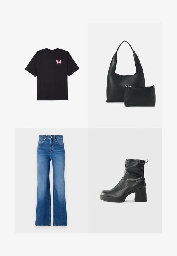 T-shirt de algodão preto com mangas curtas, apresentando um pequeno gráfico de borboleta rosa no lado esquerdo do peito. Design de gola redonda com um corte solto.; Jeans de ganga azul de perna larga com uma cintura alta, apresentando um fecho de zip, um botão de fecho e um desbotamento subtil ao longo das pernas.; Botas de tornozelo pretas feitas de couro liso, com fecho lateral, salto grosso texturizado e design de bico arredondado.; Even&Odd Mala de mão - black