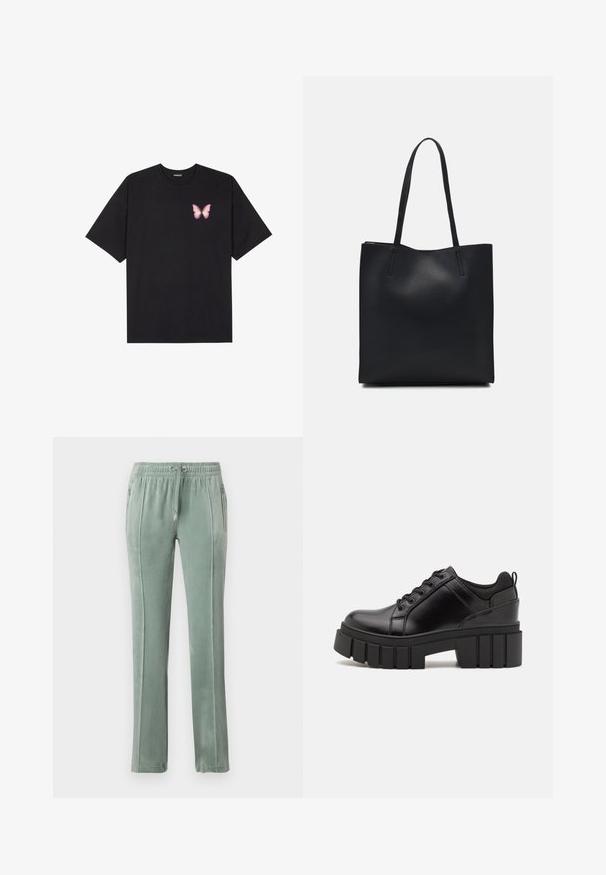 T-shirt de algodão preto com mangas curtas, apresentando um pequeno gráfico de borboleta rosa no lado esquerdo do peito. Design de gola redonda com um corte solto.; Calças de treino em veludo na cor verde suave, com uma cintura elástica com cordão, bolsos laterais e detalhes de costura vertical em contraste.; Sapatos de plataforma em couro preto com um salto bloco robusto, bico redondo e design clássico de atacadores. Apresentam uma textura suave e detalhes mínimos.; Bolsa tote preta em couro com textura lisa, forma retangular e duas alças longas. Sem hardware ou enfeites visíveis.