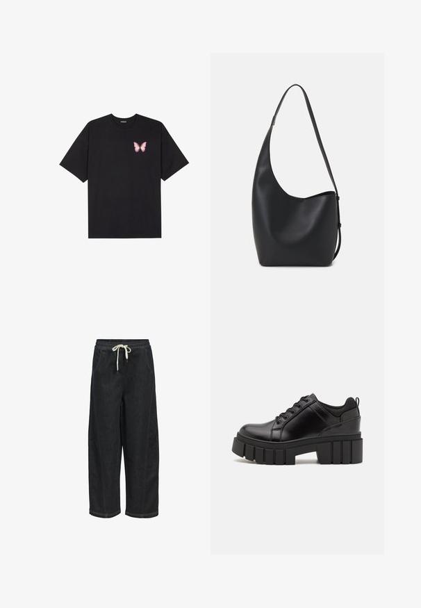 Črna bombažna majica s kratkimi rokavi, ki ima majhen roza metuljček na levi strani prsnega dela. Majica s krožnim ovratnikom in sproščenim krojem.; Object Široke kavbojke - dark blue denim; Črne usnjene platforme z debelim blokastim petam, okroglo konico in klasičnim vezanjem. Imajo gladko teksturo in minimalne podrobnosti.; Črna usnjena hobo torba z gladko teksturo, ukrivljeno obliko in eno nastavljivo naramnico; ima širok odprtina na vrhu.