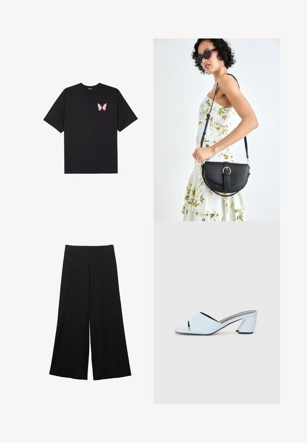 Zwarte katoenen t-shirt met korte mouwen, voorzien van een kleine roze vlinder graphic op de linkerkant van de borst. Crew neck ontwerp met een relaxte fit.; Zwarte wijde broek gemaakt van een zachte stof. Heeft een hoge taille en een gladde textuur zonder zichtbare patronen of accenten.; Lichtblauwe open teen hakmules met een geometrisch ontwerp, voorzien van een brede band over de voet en een forse, hoekige hak.; Zwarte leren handtas met een gebogen vorm, afneembare schouderband en gouden hardware. De tas heeft een klep met een gespsluiting.