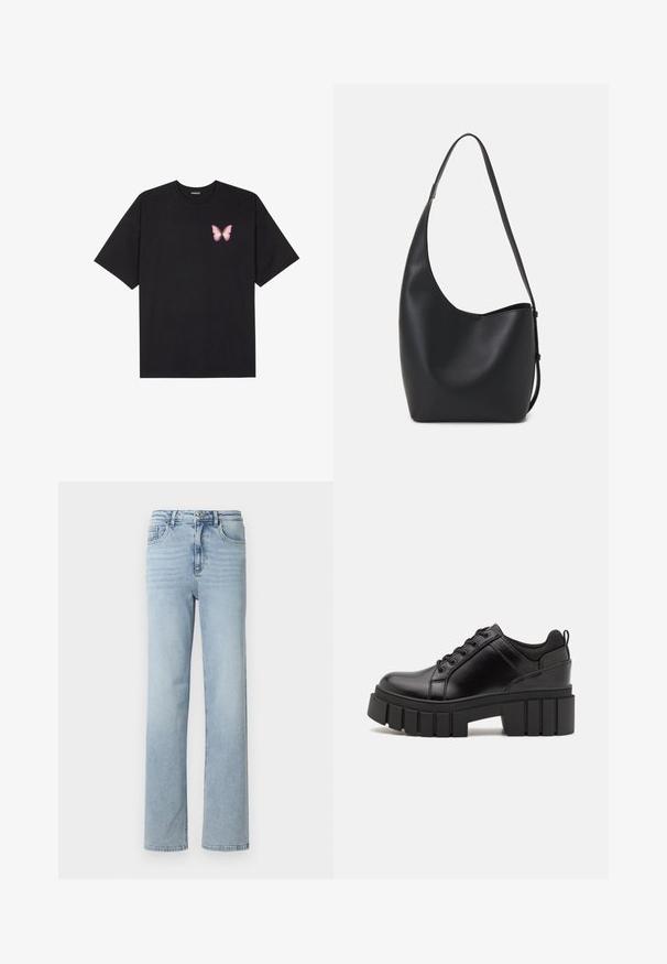 Juodas medvilnės marškinėliai trumpomis rankovėmis, su maža rožine drugelio grafika kairėje krūtinės pusėje. Apvalus kaklo iškirpimas, laisvas kirpimas.; Šviesiai mėlynos džinsinės kelnės su tiesiu kirpimu, klasikiniu penkių kišenių dizainu ir sagos bei užtrauktuko uždarymu juosmens srityje.; Juodi odiniai platformos batai su masyviu blokuota kulniuku, apvalia nosimi ir tradiciniu šnypštimo dizainu. Turintys glotnų paviršių ir minimalų dekoravimą.; Juodas odinis hobo maišas su lygiu paviršiumi, kreipta forma ir viena reguliuojama rankena; turi platų atidarymą viršuje.