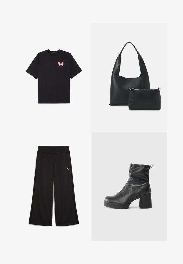 Čierne bavlnené tričko s krátkymi rukávmi, s malým ružovým motýlikom na ľavej hrudi. Design s okrúhlym výstrihom a uvoľneným strihom.; Čierne športové nohavice s elastickým pásom, bočnými cvokmi a bielym logom Puma na prednej strane. Vyrobené z ľahkej tkaniny.; Čierne členkové topánky z hladkej kože, so bočným zipsom, robustnou textúrovanou pätnou časťou a zaobleným dizajnom špičky.; Even&Odd Kabelka - black