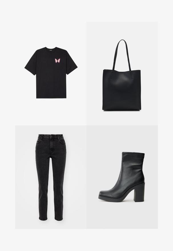 Fekete pamut póló rövid ujjakkal, bal mellkason egy kis rózsaszín pillangó grafikával. Kerek nyakú kialakítás, laza fazonnal.; Fekete farmernadrág egyenes szabásban, öt zsebes dizájnnal, standard övhurkokkal és sima felülettel. Elülső gombos záródással.; Fekete bőrből készült bokacsizma magas blokk sarkával, sima textúrával, testhez álló fazonnal és varrott díszítéssel a tetején.; Fekete bőrtáska sima felszínnel, téglalap alakú, két hosszú füllel. Nincs látható fémkiegészítő vagy díszítés.