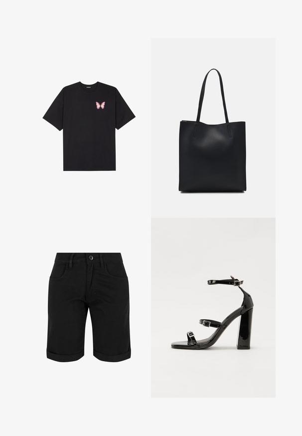 Black cotton t-shirt with short sleeves, featuring a small pink butterfly graphic on the left chest. Crew neck design with a relaxed fit.; Black cotton shorts with a button closure, featuring rolled cuffs, two front pockets, and a smooth texture.; Black patent heeled sandals with a square toe, ankle straps, and silver buckles. Features a chunky block heel for stability.; Black leather tote bag with smooth texture, rectangular shape, and two long handles. No visible hardware or embellishments.