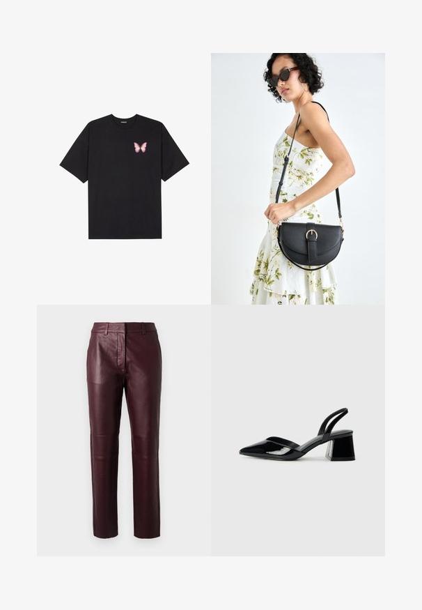 Čierne bavlnené tričko s krátkymi rukávmi, s malým ružovým motýlikom na ľavej hrudi. Design s okrúhlym výstrihom a uvoľneným strihom.; Bordové kožené nohavice s priliehavým strihom, jemným leskom a hladkou textúrou. Obsahujú stredne vysoký pás a rovné nohy.; Čierne lakované kožené sandálové podpätky s špicatou špičkou a geometrickým blokovým podpätkom. Disponujú elegantným, minimalistickým dizajnom a hladkým povrchom.; Čierna kožená kabelka s zaobleným tvarom, odnímateľným popruhom a zlatými doplnkami. Kabelka má klopu s detailom s prackou.