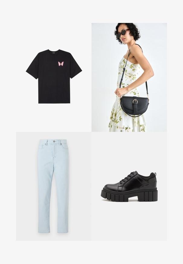 Juodas medvilnės marškinėliai trumpomis rankovėmis, su maža rožine drugelio grafika kairėje krūtinės pusėje. Apvalus kaklo iškirpimas, laisvas kirpimas.; Pasitikros šviesiai mėlynos, aukštu liemeniu, tiesios kojų džinsai su priekinėmis kišenėmis, dirželių kilpomis, mygtuko uždarymu ir matoma siuvimo linija kojose.; Juodi odiniai platformos batai su masyviu blokuota kulniuku, apvalia nosimi ir tradiciniu šnypštimo dizainu. Turintys glotnų paviršių ir minimalų dekoravimą.; Juodas odinis krepšys su išlenkta forma, nuimamu dirželiu ir auksiniais detalėmis. Krepšys turi kilpą su sagtimi.