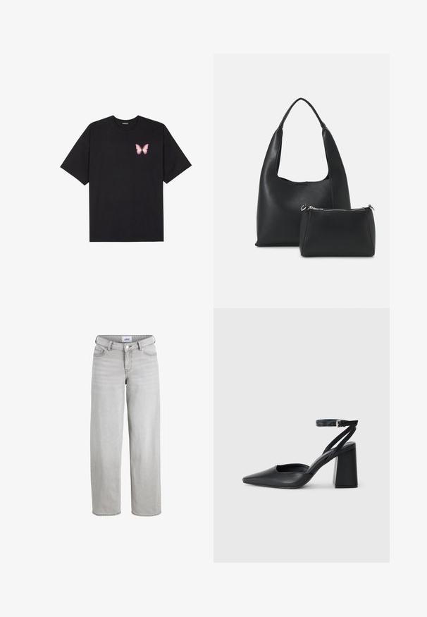 Juodas medvilnės marškinėliai trumpomis rankovėmis, su maža rožine drugelio grafika kairėje krūtinės pusėje. Apvalus kaklo iškirpimas, laisvas kirpimas.; Šviesiai pilki džinsai su laisvu pritaikymu, tiesiomis kojomis ir vidutinio aukščio juosmeniu. Yra diržo kilpos, mygtuko uždarymas ir standartinės kišenės.; Juoda odinė smailiagalė aukštakulnio bateliai su kulkšnies dirželiu ir storu kulnu. Lygus paviršius, elegantiškas dizainas ir minimalistiška estetinė. ; Even&Odd Rankinė - black