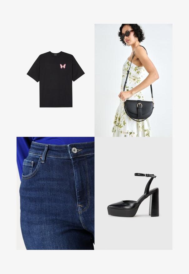 T-shirt de algodão preto com mangas curtas, apresentando um pequeno gráfico de borboleta rosa no lado esquerdo do peito. Design de gola redonda com um corte solto.; Calças de ganga em um tom azul escuro com um design clássico de cinco bolsos, apresentando costuras claras em contraste e um fecho frontal com botão.; Saltos altos pretos com bico fino e atilho ajustável no tornozelo. Confeccionados em couro suave, apresentam um salto bloco robusto.; Bolsa de couro preta com forma curva, alça destacável e detalhes em dourado. A bolsa possui uma aba com detalhe de fivela.