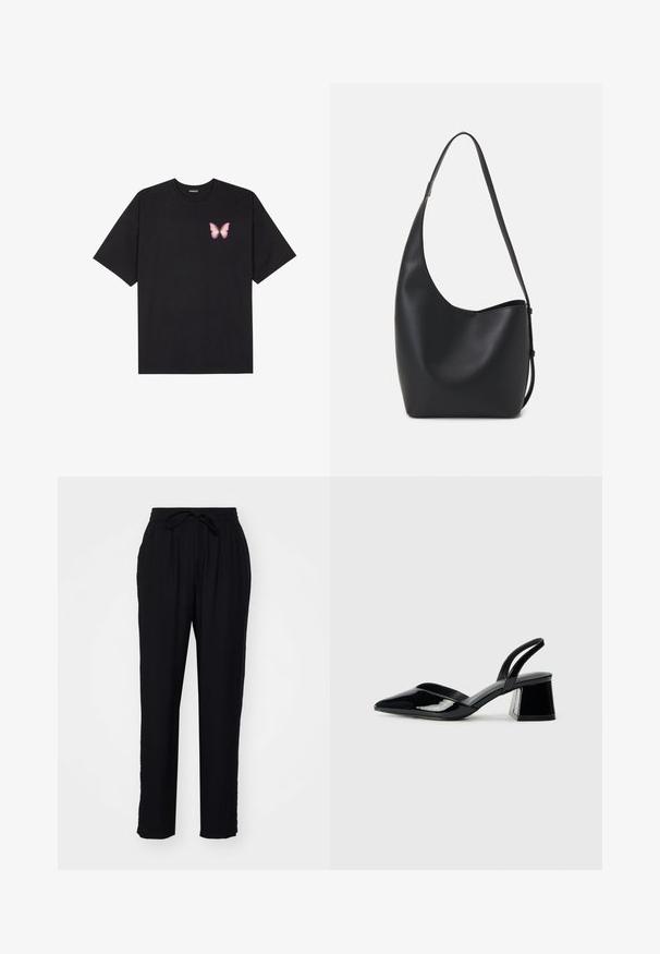 Black cotton t-shirt with short sleeves, featuring a small pink butterfly graphic on the left chest. Crew neck design with a relaxed fit.; Black pants with a relaxed fit, elastic waistband, and drawstring. Made from lightweight fabric, featuring straight legs and no pockets.; Black patent leather slingback heels with a pointed toe and a geometric block heel. Features a sleek, minimal design and smooth texture.; Black leather hobo bag with a smooth texture, curved shape, and single adjustable strap; features a wide opening at the top.
