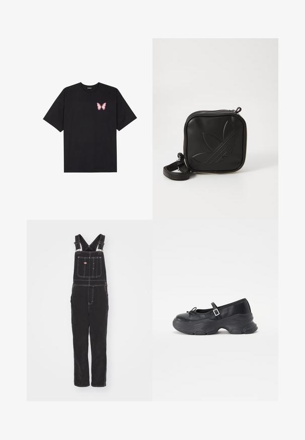 Black cotton t-shirt with short sleeves, featuring a small pink butterfly graphic on the left chest. Crew neck design with a relaxed fit.; Black cotton overalls with cross-back straps, front pocket, and white stitching accents. Straight-leg design with a relaxed fit.; Black leather Mary Jane shoe with a rounded toe, bow detail, and an adjustable ankle strap. Features a chunky rubber sole with curved accents.; Black square crossbody bag made of textured synthetic material. Features an embossed logo design and adjustable strap. Zipper closure.