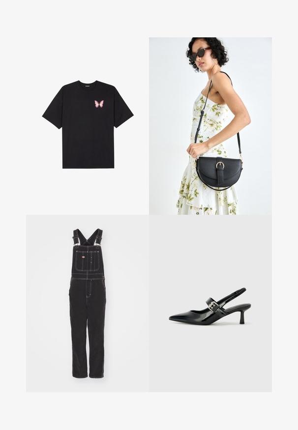 Melna kokvilnas T-krekls ar īsām piedurknēm, kuram priekšā kreisajā pusē ir neliels rozā tauriņa grafiskais attēls. Ar apaļu kaklu un brīvā stila piegriezumu.; Melni kokvilnas kopformi ar krusteniskām siksnām, priekšējo kabatu un baltām šuvēm. Taisna kāju dizains ar brīvu piegriezumu.; Melnas lakotas ādas sūkņa kurpes ar norādītu purngali un mazu bloku papēdi, ar sudraba sprādzi akcentā uz jostas.; Melnas ādas rokassoma ar izliekta formu, noņemamu siksnu un zelta aksesuāriem. Somai ir vāciņš ar sprādzes detaļu.