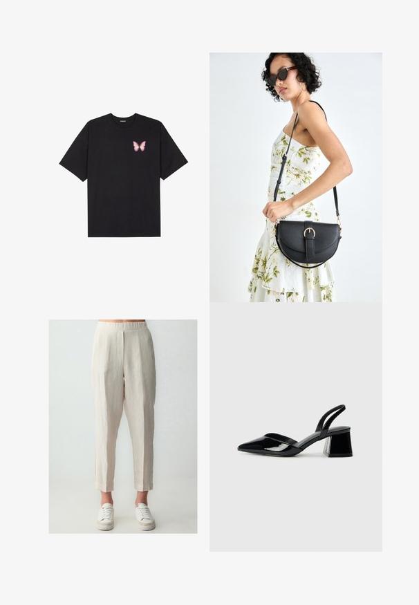 Zwarte katoenen t-shirt met korte mouwen, voorzien van een kleine roze vlinder graphic op de linkerkant van de borst. Crew neck ontwerp met een relaxte fit.; Lichtbeige linnen broek met een relaxte pasvorm, voorzien van een elastische tailleband, zijzakken en licht toelopende broekspijpen. Gestyled met witte sneakers.; Zwarte gepatineerde leren slingback hakken met een spitse neus en een geometrische blokhak. Kenmerkt zich door een slank, minimalistisch ontwerp en een gladde textuur.; Zwarte leren handtas met een gebogen vorm, afneembare schouderband en gouden hardware. De tas heeft een klep met een gespsluiting.