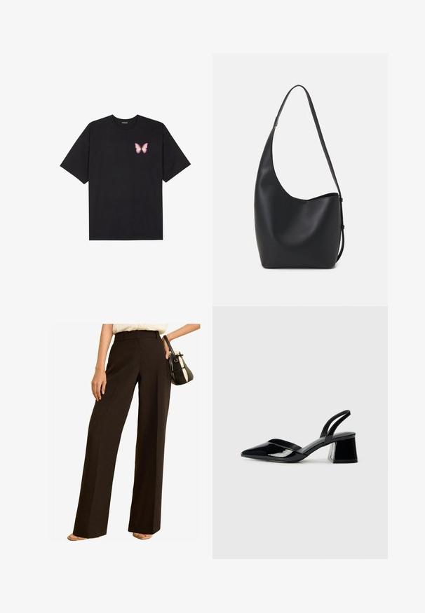 Juodas medvilnės marškinėliai trumpomis rankovėmis, su maža rožine drugelio grafika kairėje krūtinės pusėje. Apvalus kaklo iškirpimas, laisvas kirpimas.; Platus kojų kelnės iš tamsiai rudos medžiagos, su aukštu liemeniu, pritaikyta išvaizda ir lygia tekstūra. Pažįstama su maža rankine.; Juodos lakuotos odinės šlepetės su smailiu pirštu ir geometriniu bloko kulnu. Turi elegantišką, minimalistinį dizainą ir lygų paviršių.; Juodas odinis hobo maišas su lygiu paviršiumi, kreipta forma ir viena reguliuojama rankena; turi platų atidarymą viršuje.