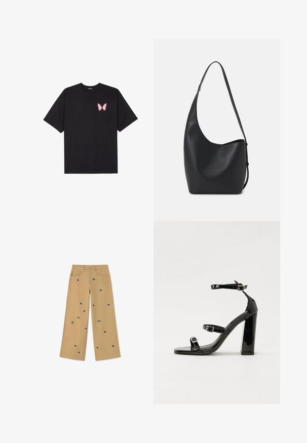 Čierne bavlnené tričko s krátkymi rukávmi, s malým ružovým motýlikom na ľavej hrudi. Design s okrúhlym výstrihom a uvoľneným strihom.; Thinking Mu HEDDA - Nohavice - camel; Čierne lakované sandále na podpätku so štvorcovou špičkou, navlečenými remienkami okolo členku a striebornými prackami. Disponujú masívnym blokovým podpätkom pre stabilitu.; Čierna kožená hobo taška so hladkou textúrou, zakriveným tvarom a jedným nastaviteľným popruhom; má široké otvorenie na vrchu.