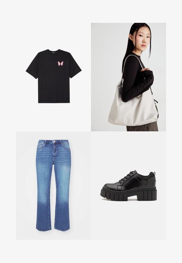 Juodas medvilnės marškinėliai trumpomis rankovėmis, su maža rožine drugelio grafika kairėje krūtinės pusėje. Apvalus kaklo iškirpimas, laisvas kirpimas.; Džinsai, turintys šviesiai mėlyną iki vidutinio mėlynumo gradientą. Sukurti tiesios kojos kirpimui, su penkiomis kišenėmis ir siuvinėjimu palei siūles.; Juodi odiniai platformos batai su masyviu blokuota kulniuku, apvalia nosimi ir tradiciniu šnypštimo dizainu. Turintys glotnų paviršių ir minimalų dekoravimą.; Bežinė rankinė, pagaminta iš minkštos medžiagos, turinti laisvą dizainą, siuvinėtas detalės ir dvi petnešos. Tinkama kasdieniam naudojimui.