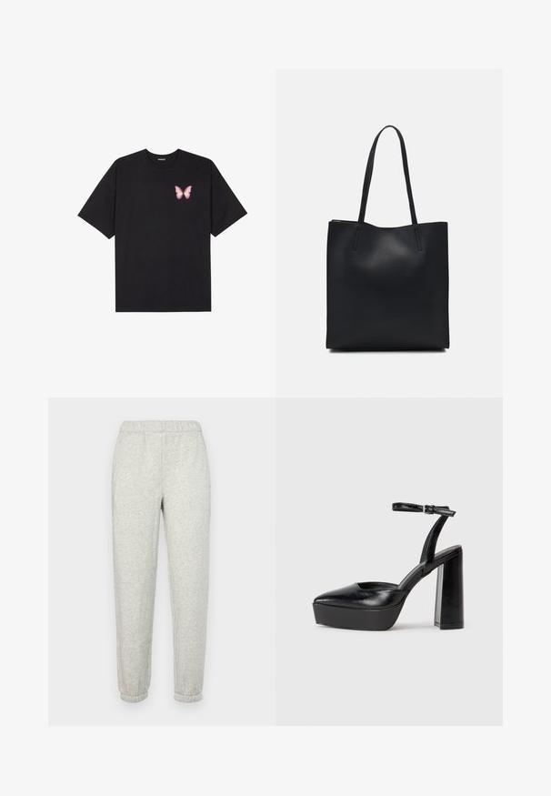 Black cotton t-shirt with short sleeves, featuring a small pink butterfly graphic on the left chest. Crew neck design with a relaxed fit.; GAP Tracksuit bottoms - heather grey; Black platform heels with a pointed toe and adjustable ankle strap. Constructed from smooth leather, featuring a chunky block heel.; Black leather tote bag with smooth texture, rectangular shape, and two long handles. No visible hardware or embellishments.