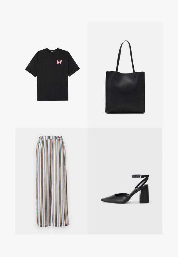 Black cotton t-shirt with short sleeves, featuring a small pink butterfly graphic on the left chest. Crew neck design with a relaxed fit.; Striped wide-leg pants with an elastic waistband. Features colorful vertical stripes in blue, red, green, and white on a lightweight fabric.; Black leather pointy-toe pump with an ankle strap and a chunky heel. Flat texture, sleek design, and minimalistic aesthetics.; Black leather tote bag with smooth texture, rectangular shape, and two long handles. No visible hardware or embellishments.