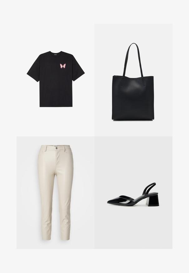 Black cotton t-shirt with short sleeves, featuring a small pink butterfly graphic on the left chest. Crew neck design with a relaxed fit.; Beige faux leather pants with a slim fit, front pockets, and a button closure, featuring smooth texture and tapered legs.; Black patent leather slingback heels with a pointed toe and a geometric block heel. Features a sleek, minimal design and smooth texture.; Black leather tote bag with smooth texture, rectangular shape, and two long handles. No visible hardware or embellishments.