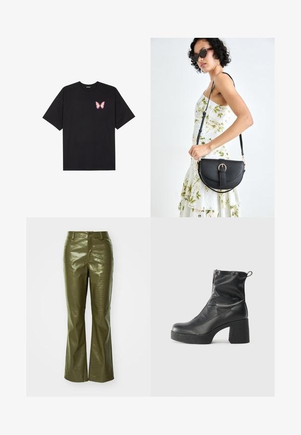 Fekete pamut póló rövid ujjakkal, bal mellkason egy kis rózsaszín pillangó grafikával. Kerek nyakú kialakítás, laza fazonnal.; Olívazöld műbőr nadrág krokodilbőr textúrával, testhez simuló derékkal és haranglábakkal. Az anyag fényes felületű.; Fekete bokacsizmák sima bőrből, oldalsó cipzárral, vastag, texturált sarkú és lekerekített orrú dizájnnal.; Fekete bőrtáska ívelt formával, levehető pánttal és arany színű fémrészekkel. A táskán egy csattal díszített fedél található.