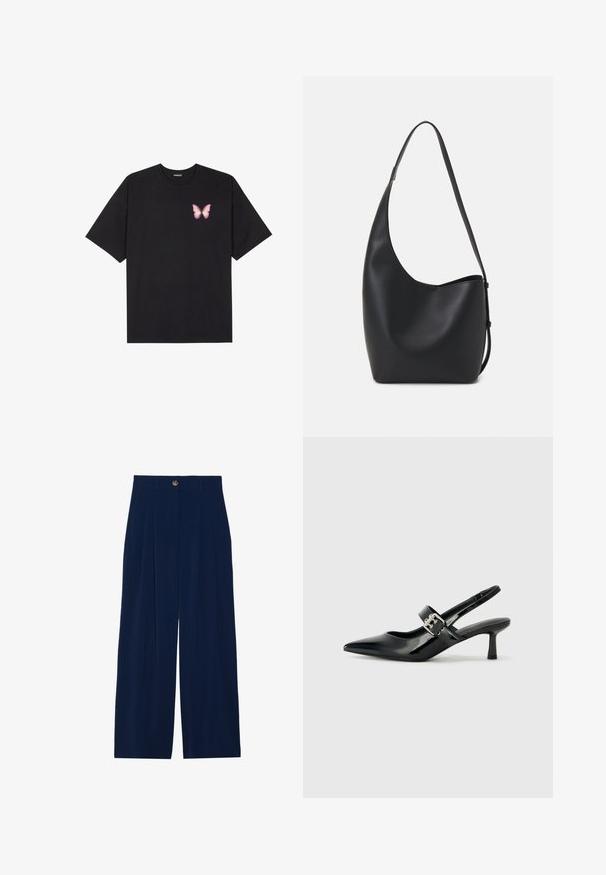 Svart bomulls T-skjorte med korte ermer, med en liten rosa sommerfugl grafikk på venstre bryst. Crew-neck design med en avslappet passform.; Marineblå slåttebukser laget av mykt materiale, med frontfold, knappelås og to sidelommer.; Svarte patent lær slingback hæler med spiss tå og en liten blokkheel, med en sølvspenne som detalj på stroppen.; Svart lær hobo-veske med glatt tekstur, buet form og enkelt justerbart stropp; har en bred åpning på toppen.