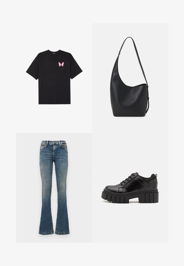Tricou negru din bumbac cu mâneci scurte, având pe partea stângă a pieptului un mic grafic cu un fluture roz. Design cu guler rotund și croială lejeră.; Jeans evazați din denim de culoare albastră, cu efect de decolorare, cinci buzunare, închidere cu buton și accente de cusătură pe talie.; Pantofi cu talpă plată din piele neagră, cu toc gros, vârf rotund și design tradițional cu șireturi. Prezintă o textură netedă și detalii minime.; Geantă hobo din piele neagră, cu o textură netedă, formă curbată și un singur bretele ajustabil; are o deschidere largă în partea de sus.