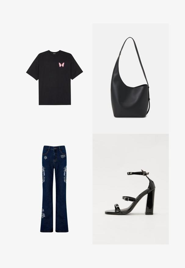 Camiseta de algodón negra de manga corta, con un pequeño gráfico de mariposa rosa en el lado izquierdo del pecho. Diseño de cuello redondo con un corte relajado.; Jeans acampanados de color azul oscuro con diseños florales bordados en los muslos y en la parte baja de las piernas. Presenta costuras de color cobre y un cierre con botón en la parte frontal.; Sandalias de tacón de charol negro con punta cuadrada, correas en el tobillo y hebillas plateadas. Presentan un tacón grueso para mayor estabilidad.; Bolso tipo hobo de cuero negro con una textura suave, forma curvada y una sola correa ajustable; presenta una amplia apertura en la parte superior.